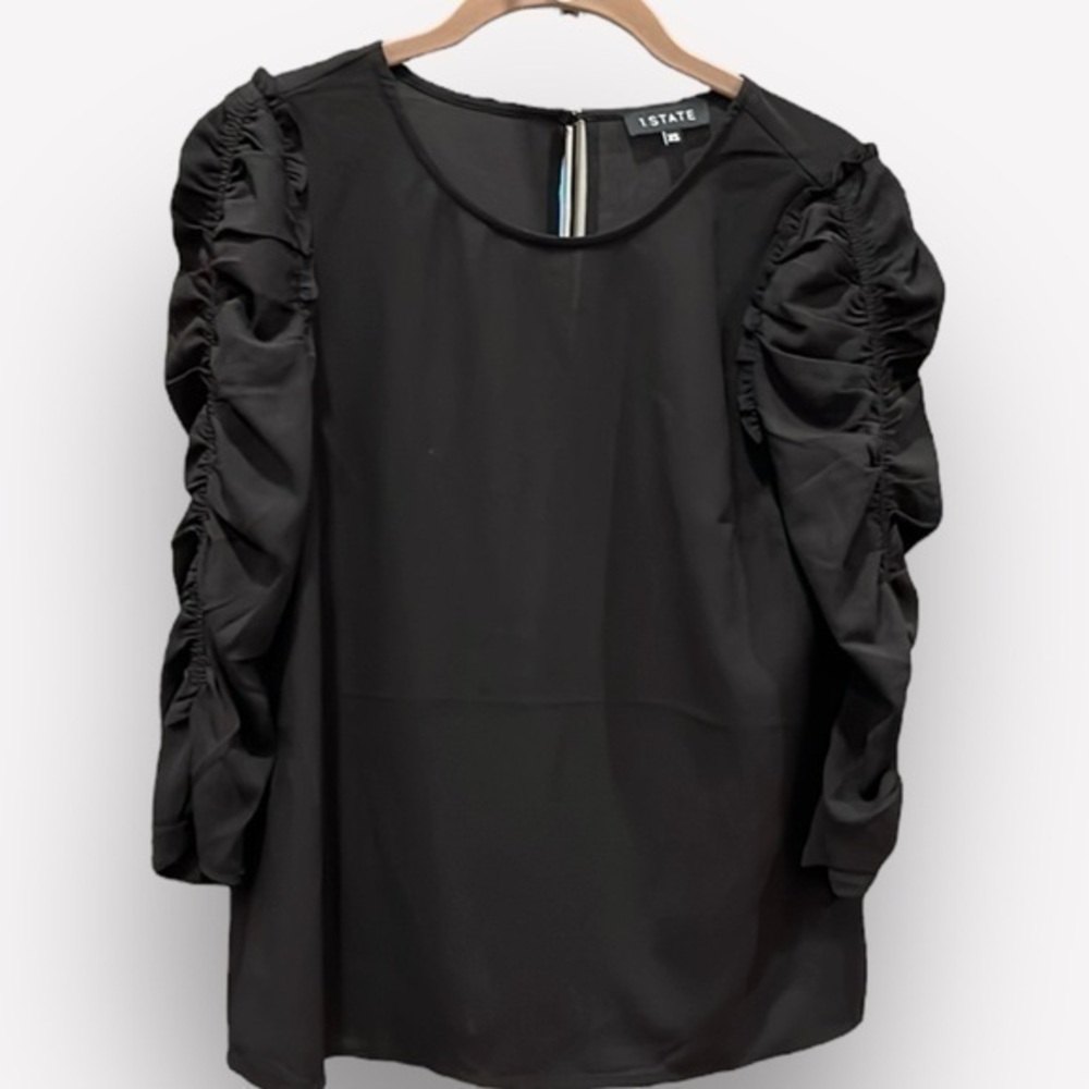 🇪🇸🐠1. State puff shoulder ruched sleeve blouse keyhole back black XS